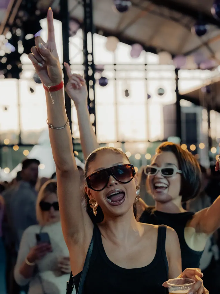 Festivalgangers met zonnebrillen dansen met hun armen omhoog